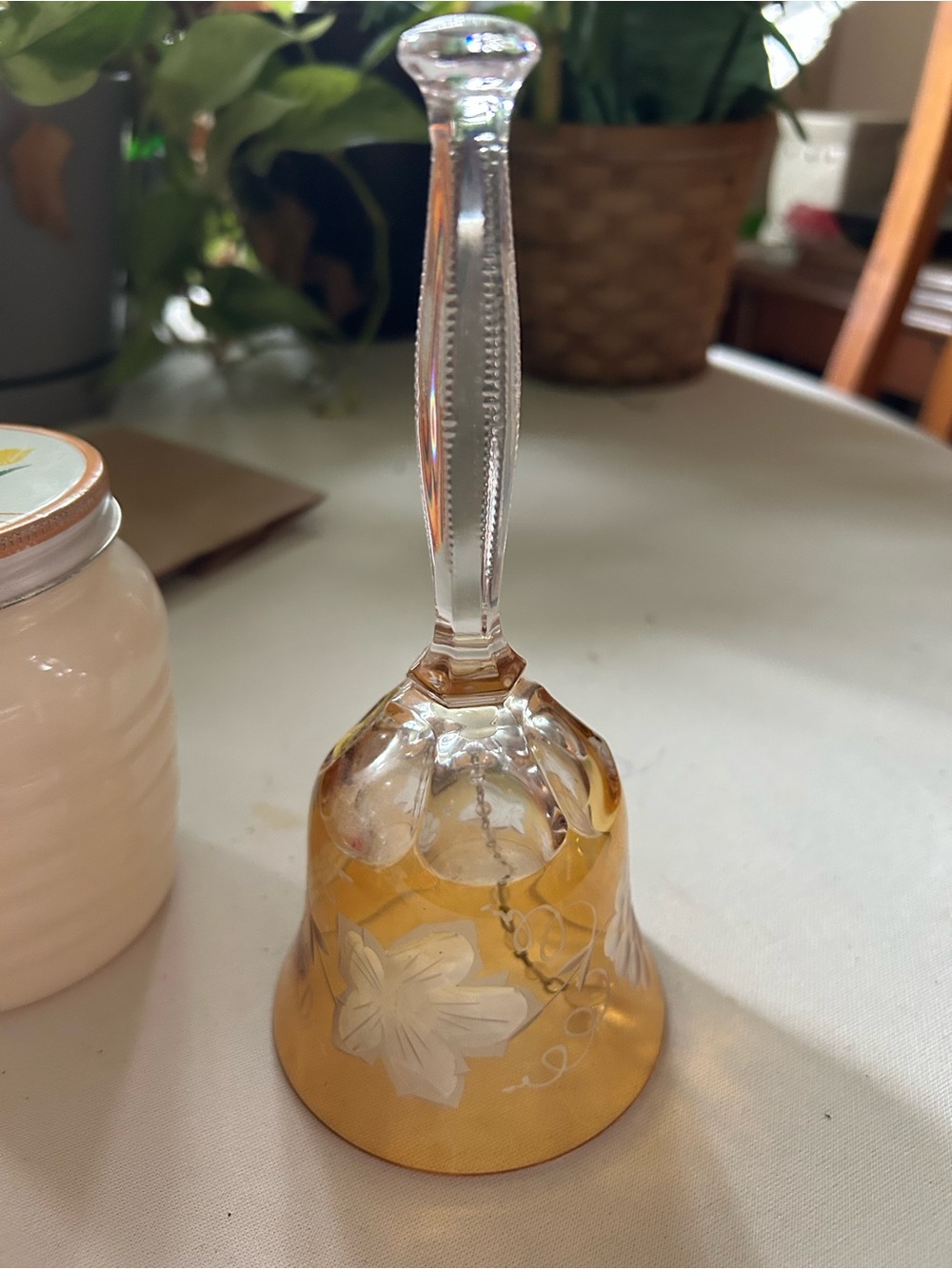 Etched Amber Glass Hand Bell Leas Crystal